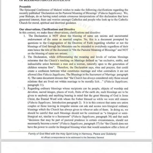 Bispos do Malawi proíbem “bênçãos” a uniões homossexuais em meio à confusão sobre documento do Vaticano